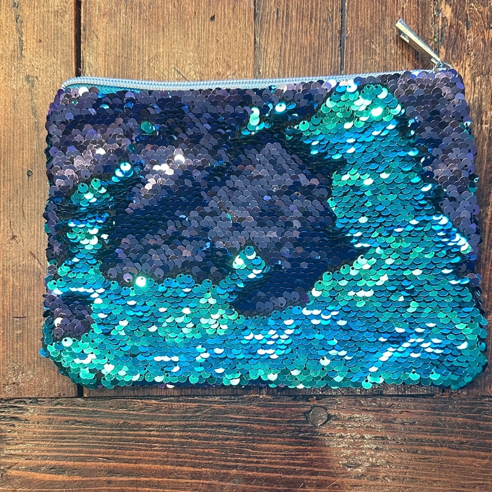 Reversible Sequin Cosmetic Pouch - Teal & Dark Purple